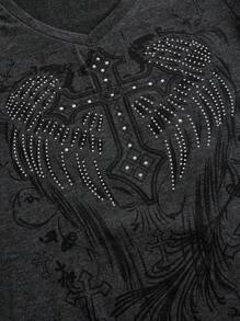 ROMWE Grunge Punk Wings & Cross Graphic Tee - Dark Grey - View 3