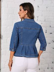 SHEIN LUNE Flap Detail Ruffle Hem Denim Jacket - Blue - View 2