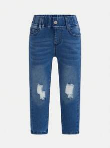 小女童破洞抽鬚漂白水洗牛仔褲 - 淺色水洗藍 - 查看 1