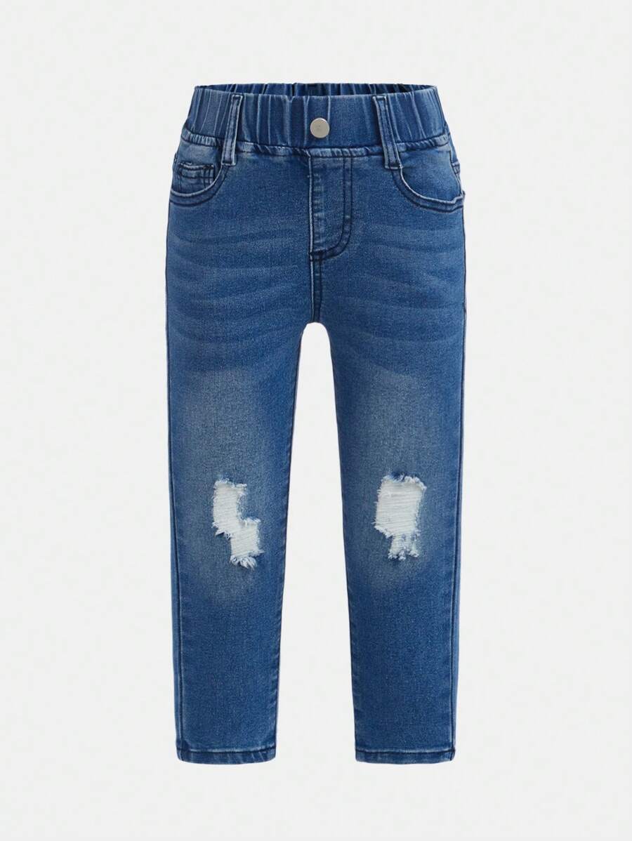 小女童破洞抽鬚漂白水洗牛仔褲 - 淺色水洗藍 - 查看 1