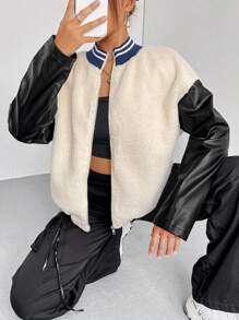 SHEIN Unity Colorblock Drop Shoulder Teddy Bomber Jacket - Multicolor - View 1