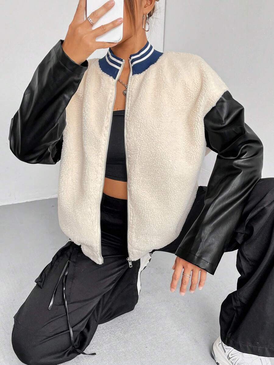 SHEIN Unity Colorblock Drop Shoulder Teddy Bomber Jacket - Multicolor - View 1