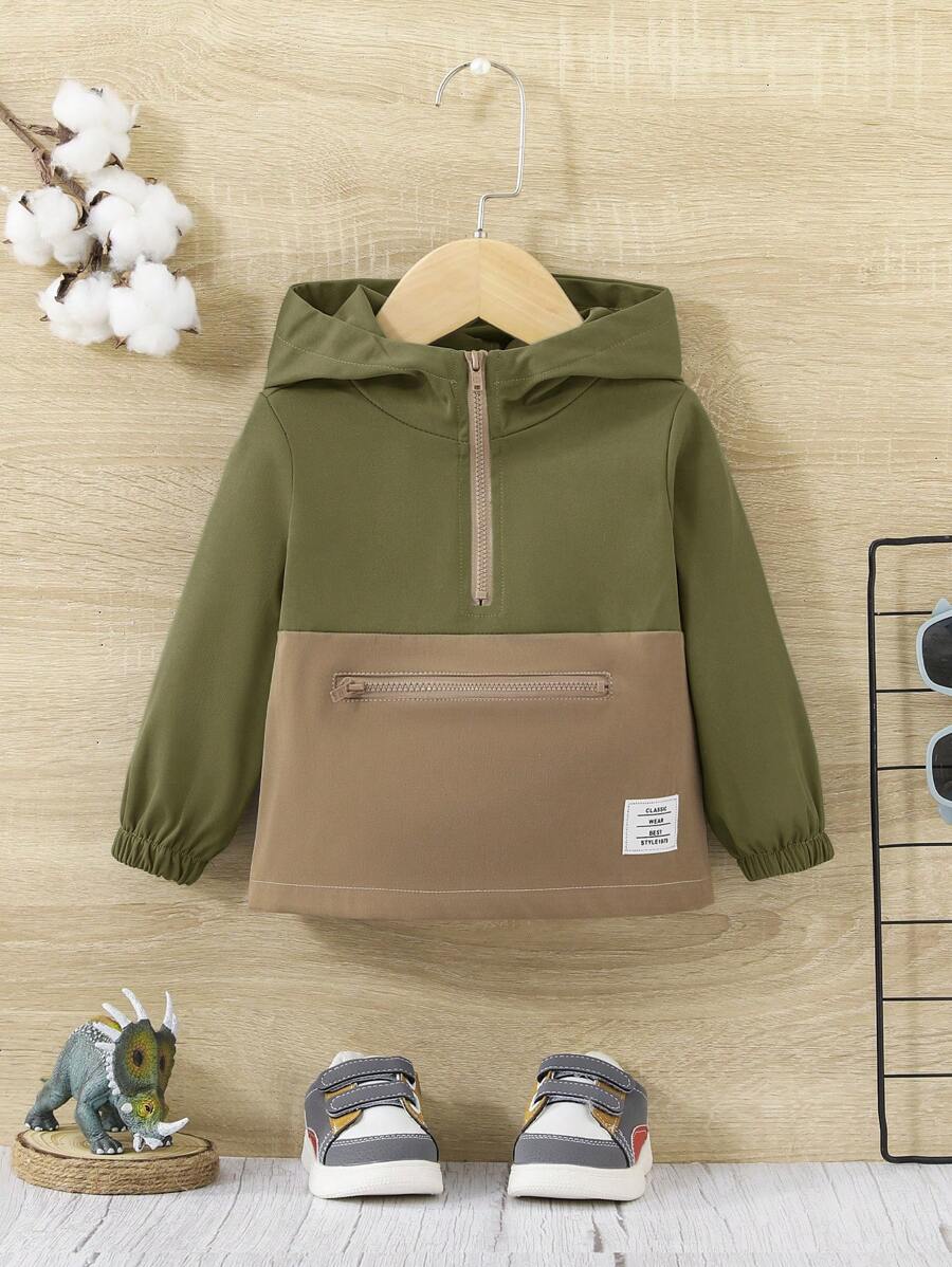 SHEIN Baby Boy Two Tone Letter Patched Detail Half Zip Hooded Jacket