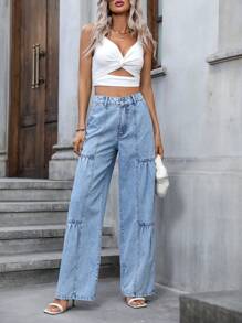 SHEIN Essnce 闊腿牛仔褲 - 淺色水洗藍 - 查看 3