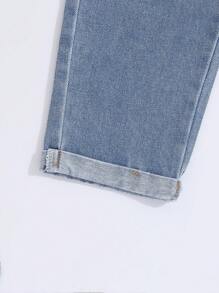 SHEIN 女大童紙袋腰反摺褲腳直筒牛仔褲 - 中等水洗藍 - 查看 5