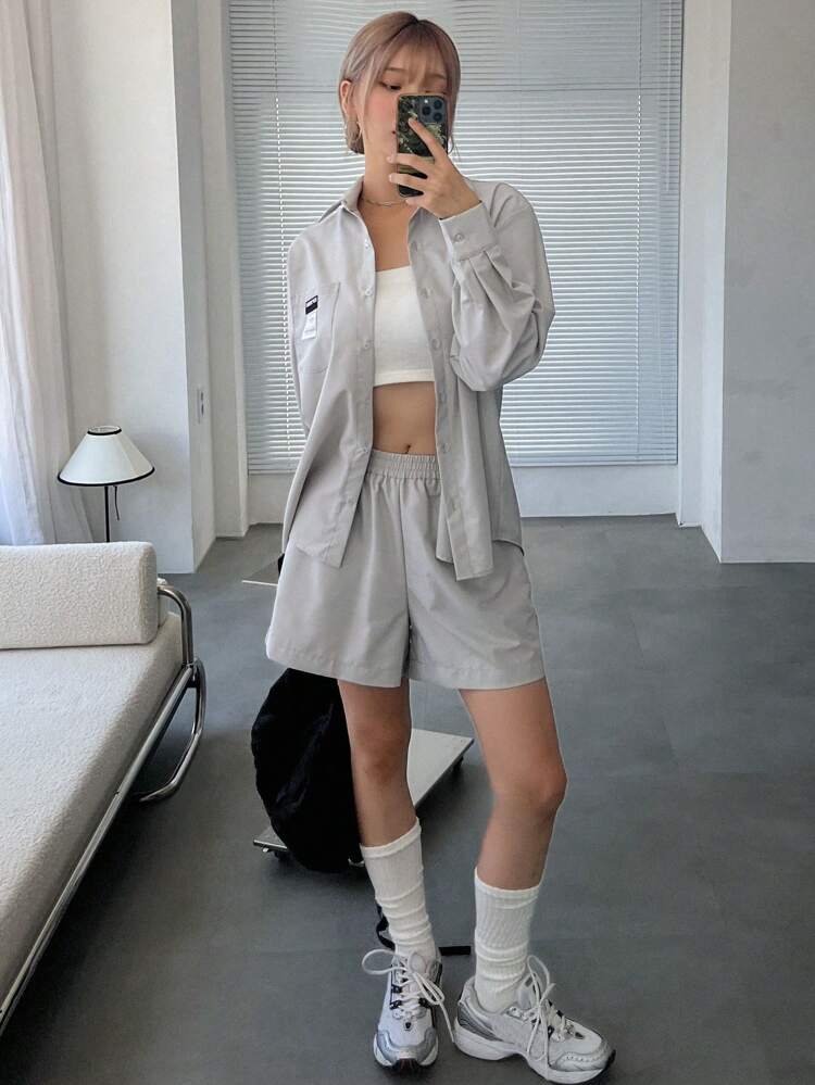 Letter Patched Drop Shoulder Blouse & Shorts,Women Two Pieces Sets Lounge Sets For Women