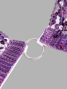 Sequin Fringe Trim Lingerie Set - Purple - View 3