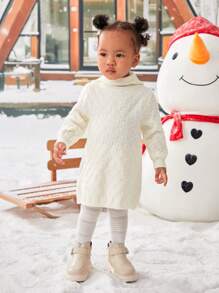 SHEIN Baby Girl Solid Hooded Sweater Dress - Beige - View 3