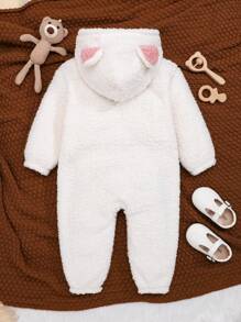 SHEIN Đứa bé gái Thiết kế tai 3D áo có mũ Dây kéo Teddy Áo liền quần - trắng - Xem 2