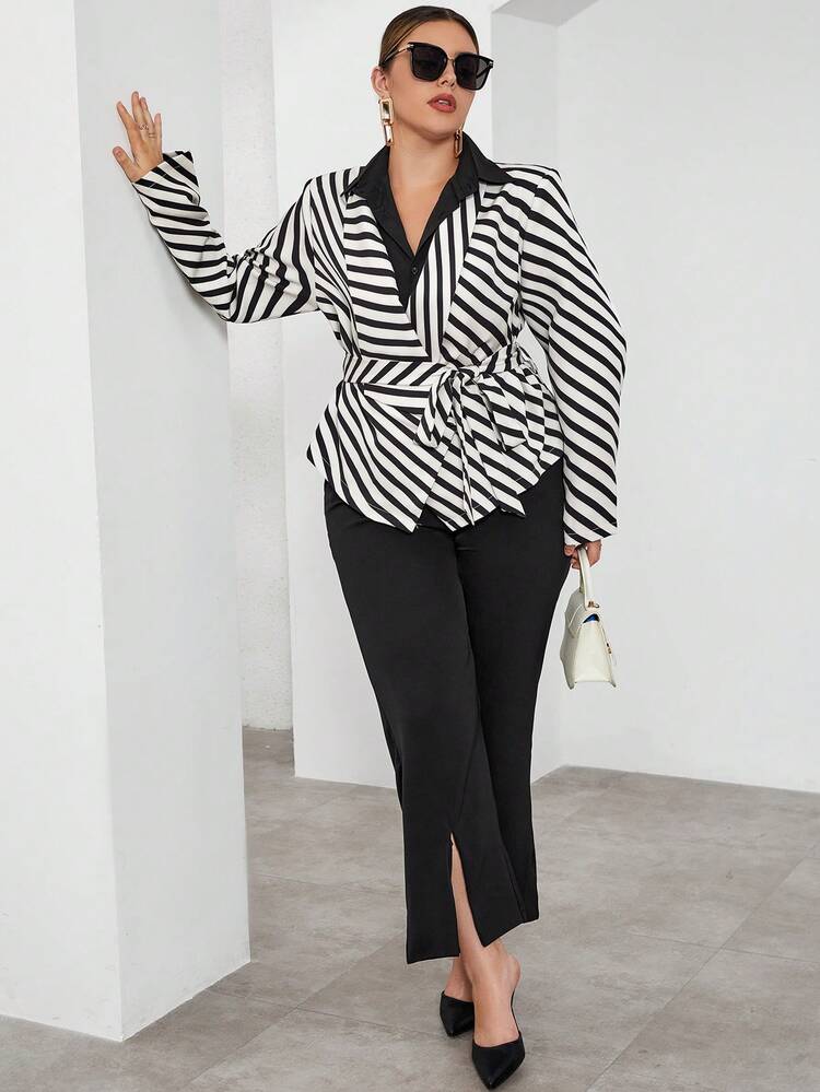 Plus Striped Print Belted Blazer