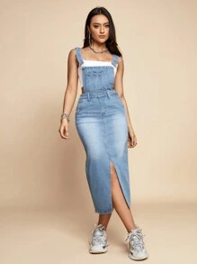 SHEIN 高衩牛仔背帶裙不附抹胸 - 淺色水洗藍 - 查看 3