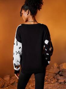 BATMAN X SHEIN Hai âm Mô hình Cartoon Thả vai Áo len - Đen và trắng - Xem 2