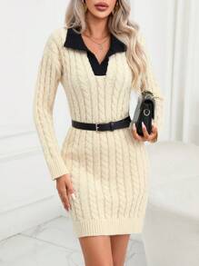 SHEIN Privé Viền tương phản Xoắn Dan Thả vai Đầm Áo len Không có thắt lưng - Màu be - Xem 6