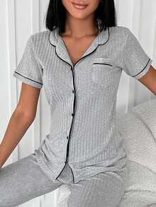 RueChic Contrast Binding Button Front Lounge Set - Light Grey - View 5