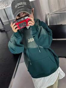 青少年男孩单件字母图案袋鼠口袋抽绳卫衣 - 墨綠色 - 查看 5