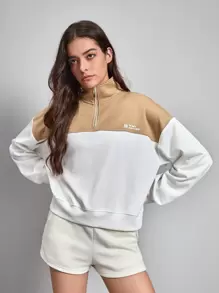 SHEIN Sports 刺绣字母图案双色半拉链落肩户外卫衣 - 白色 - 查看 4