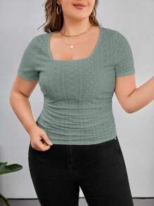 SHEIN Essnce Plus Eyelet Embroidery Scoop Neck Tee - Mint Green - View 3