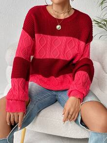 SHEIN Unity 双色落肩针织套头衫秋冬毛衣 - 紅色 - 查看 5