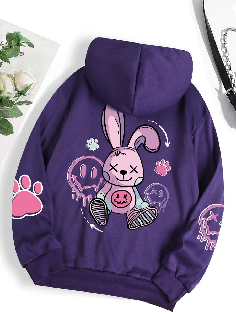 INAWLY Rabbit & Letter Graphic Kangaroo Pocket Drawstring Thermal Hoodie,Long Sleeve Tops - Purple - View 1