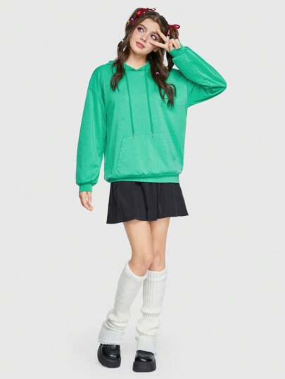 ROMWE Avant Épaule tombante À Cordon Sweat-Shirt À Capuche & Jupe Plissée