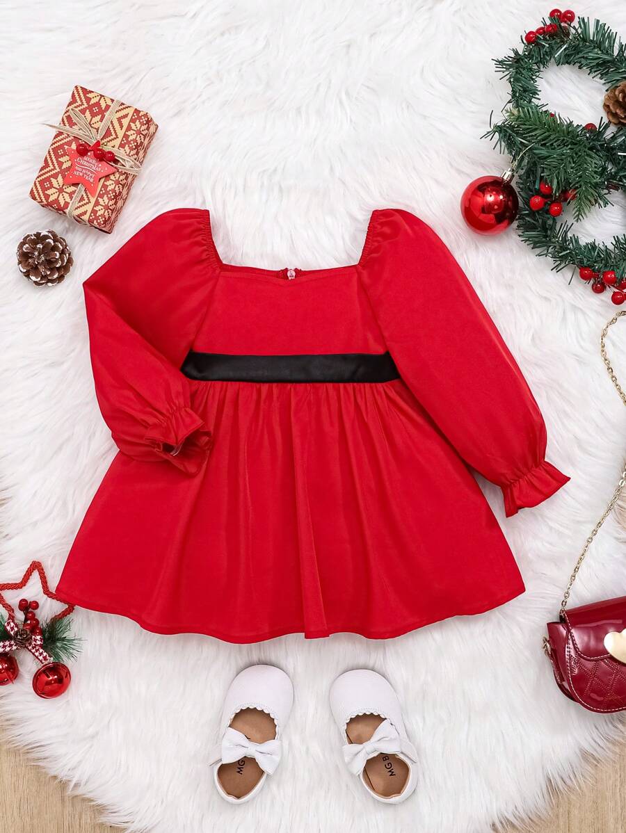 SHEIN Baby Girl Square Neck Flounce Sleeve Dress - Red - View 1