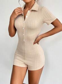 SHEIN Privé Nút phía trước Đồ đan Ribbed Quần áo nịt Romper - Màu be - Xem 6