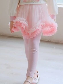 Young Girl Contrast Mesh Flare Trim 2 In 1 Pants - Pink - View 3