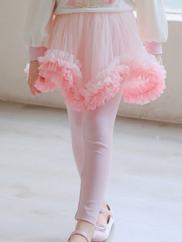 Young Girl Contrast Mesh Flare Trim 2 In 1 Pants - Pink - View 3