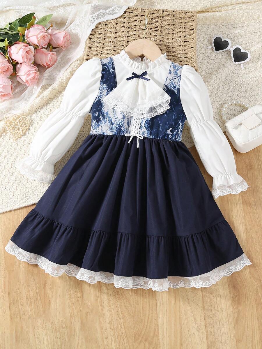 SHEIN 女小童喇叭袖荷葉邊假兩件洋裝 - 彩色 - 查看 1