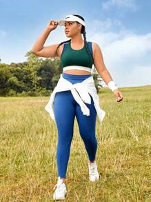 Easithlete Plus Colorblock Racer Back Sports Bra,Women Tennis Outfit - Dark Green - View 4