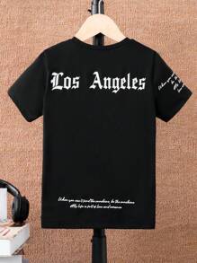 SHEIN Teenager Boys' Casual Street Chic Black Letter Print Short Sleeve T-Shirt, Suitable For Leisure & Sports Wear - Black - View 7