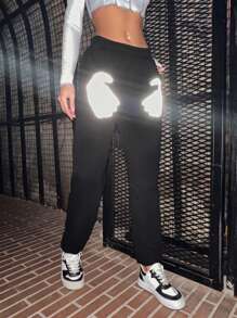 EURMUSE Women's Hip Hop Chic Black Glow-In-The-Dark Handprint Loose Drawstring Sweatpants - Black - View 5