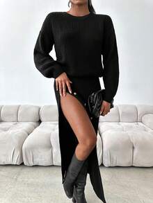 EURMUSE Drop Shoulder Sweater & Button Detail Knit Skirt - Black - View 5