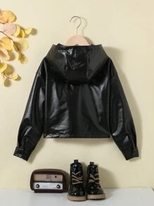 SHEIN Tween Girl Flap Pocket Hooded PU Leather Jacket - Black - View 2