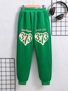 男大童標語圖案斜口袋衛褲 - 綠色 - 查看 1