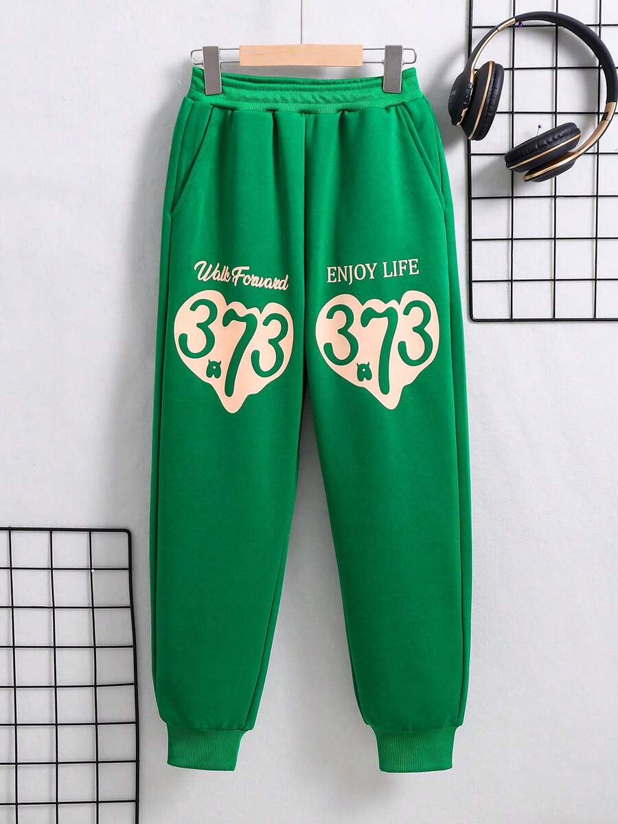 男大童標語圖案斜口袋衛褲 - 綠色 - 查看 1