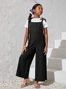 SHEIN 女大童1入組雙口袋肩上打結闊腿背帶褲 - 黑色 - 查看 3