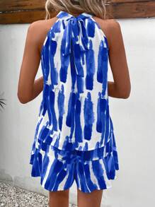 SHEIN VCAY In Bàn chải Áo hai dây & Xù Hoa Sen Quần short - Màu xanh lam - Xem 2