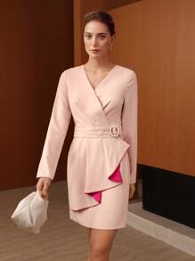 MOTF PREMIUM 交疊領環鏈不對稱下擺洋裝 - 淺粉色 - 查看 6