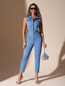SHEIN BAE Cut Out Waist Denim Jumpsuit - Light Wash - View 3