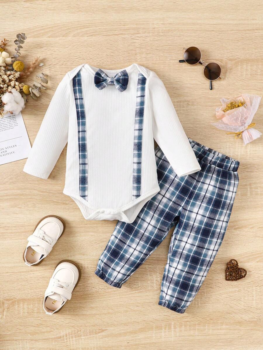 男嬰格紋前蝴蝶結連身背心和褲子