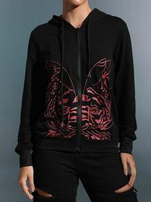 SHEIN Unity Graphic Print Zip Up Drawstring Hoodie Pullover Fall Outfit - Black - View 4