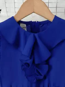 SHEIN 年轻女孩休闲基本款优雅学院风连体裤，克莱因蓝色，带荷叶边袖、荷叶边领、腰带，适合夏季、秋季、度假和日常外出、假日、夏季、旅行 - 寶藍色 - 查看 3