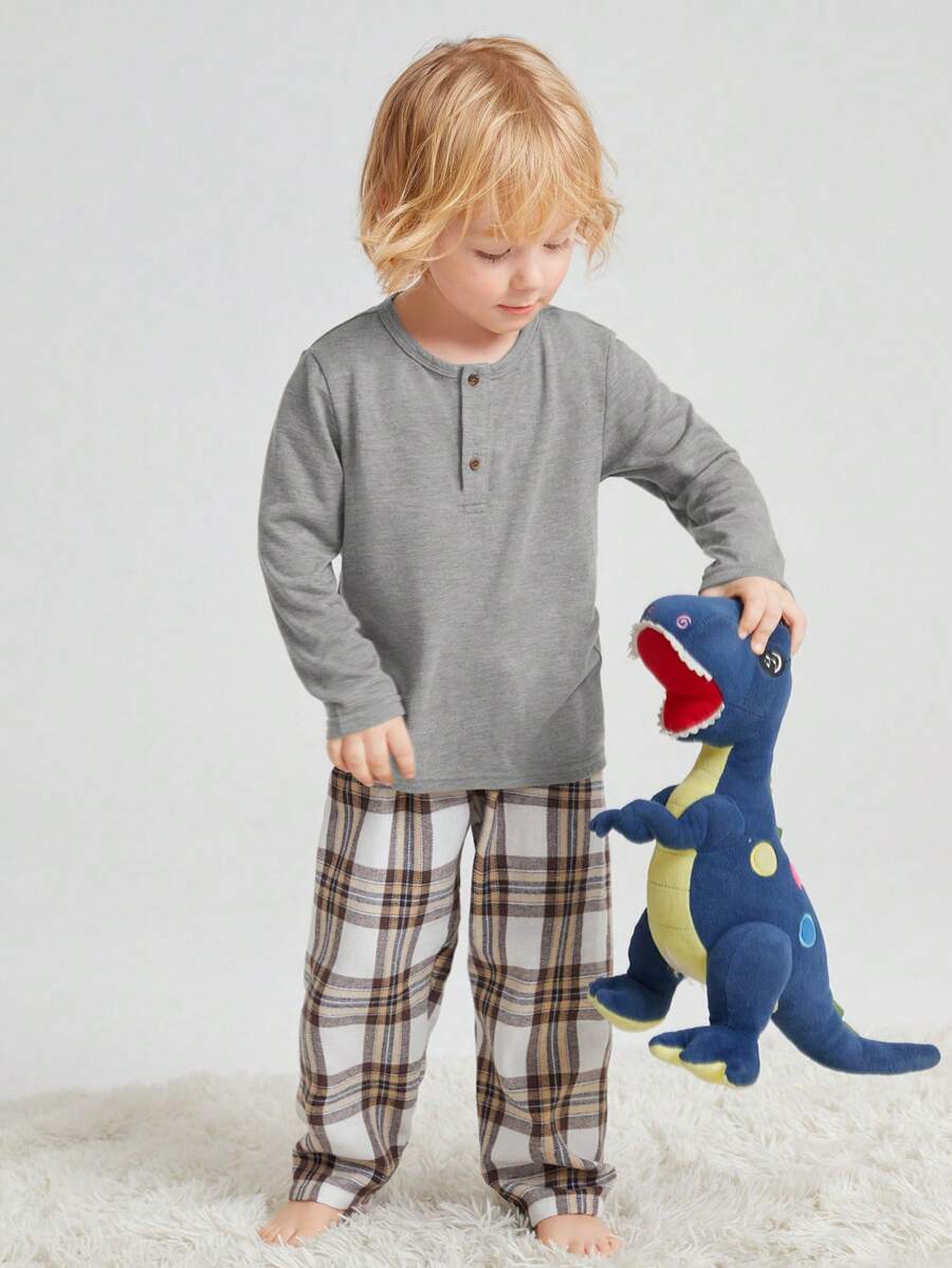 SHEIN 男小童半排扣T恤&格紋長褲睡衣套裝