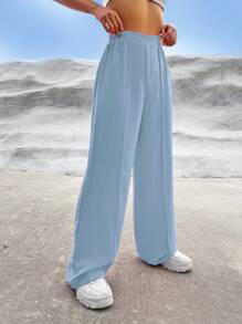 SHEIN EZwear Women Daily Wear Solid Color Wide Leg Pants - Baby Blue - View 6