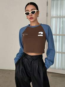 DAZY Letter Graphic Raglan Sleeve Crop Sweatshirt - Multicolor - View 5