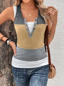 EMERY ROSE 撞色紐扣細節二合一背心上衣 - 卡其色 - 查看 1