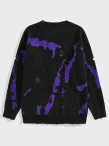 ROMWE MEN Grunge Punk 男士图案落肩套头毛衣 - 黑色 - 查看 2