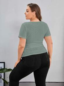 SHEIN Essnce Plus Eyelet Embroidery Scoop Neck Tee - Mint Green - View 2