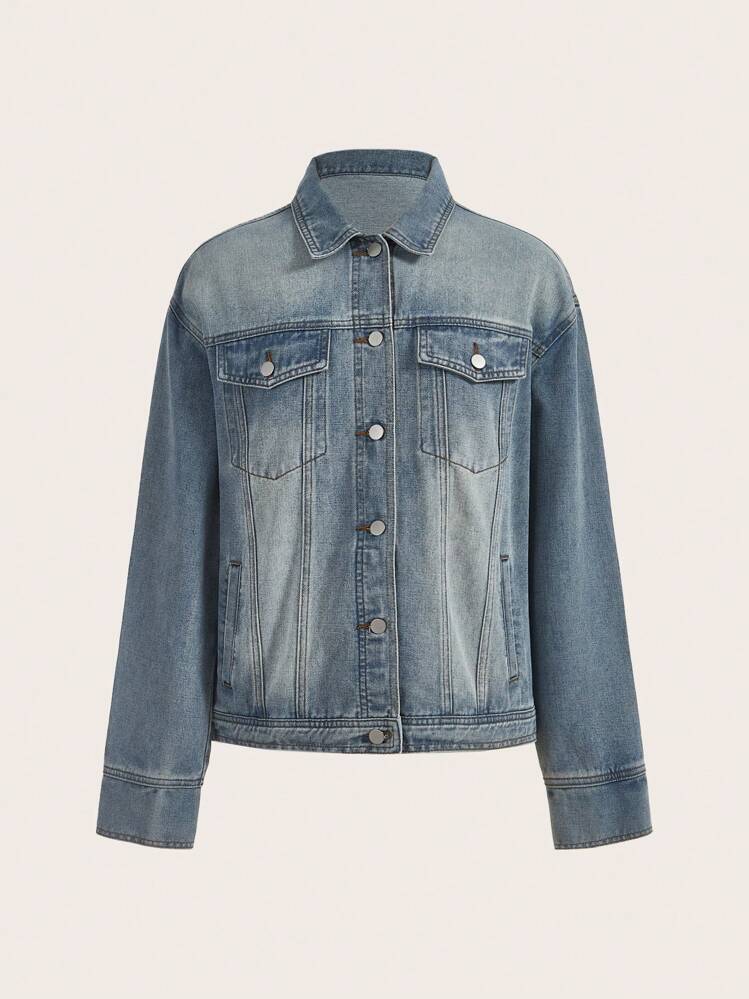 SHEIN ICON 有蓋口袋正面鈕扣牛仔夾克 - 淺色水洗藍 - 查看 1